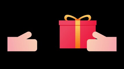 Red gift box with gold ribbon being passed between two hands on black background representing holiday season giving, surprise birthday present, festive celebration, and kind generosity