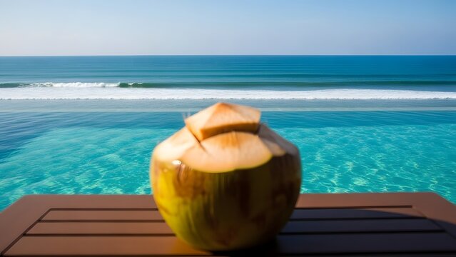 Coconut on a poolside table overlooking the ocean