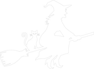 Fototapeta premium Witch on Broomstick with Cat Outline Vector Graphic Halloween Silhouette Stencil Design