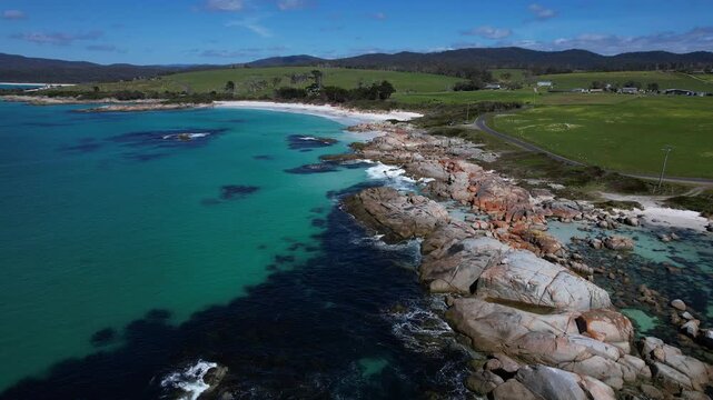 Koala Rock - Bay Of Fires Tourist Attraction, The Gardens, Tasmania, Australia - Drone Shot