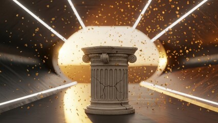 3d render of stone pedestal in futuristic neon tunnel