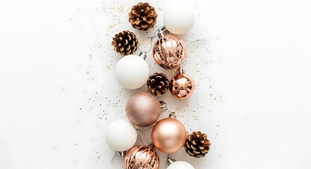 Christmas ornaments and pine cones scattered on a white background, festive holiday decoration