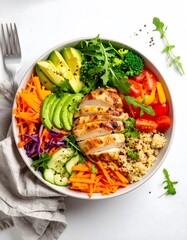 Vibrant Chicken Buddha Bowl with Avocado, Quinoa, and Fresh Vegetables