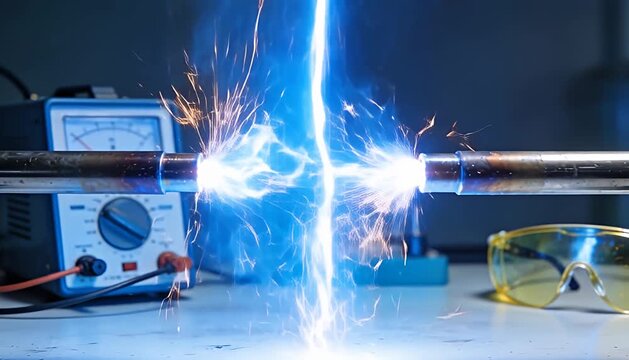 Discharge arcing powerful electrical arc sparks jumping two scientific setting voltmeter visible, metal rods, laboratory experiment, intense electric.