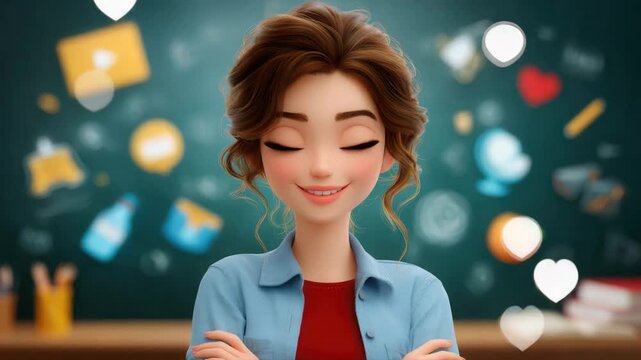 Cartoon woman standing in front of educational background - Powered by Adobe