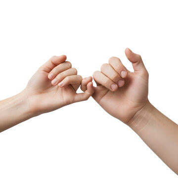 Two people making pinky promise gesture with hands on transparent background