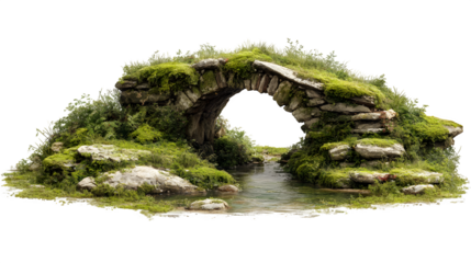 A small, traditional stone bridge arching over a tranquil stream in a lush, green valley, evoking a sense of timeless charm, isolated on a Transparent background