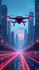 Clean futuristic illustration of an autonomous flying taxi drone hovering above a modern city skyline with glowing traffic paths, bright neon accents, premium urban future aesthetic, object-only scene