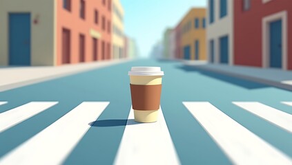 Conceptual illustration of a single takeaway coffee cup placed at the center of a zebra crossing in a modern city street, symbolizing daily commute rituals and urban habits, bright daylight, minimal s