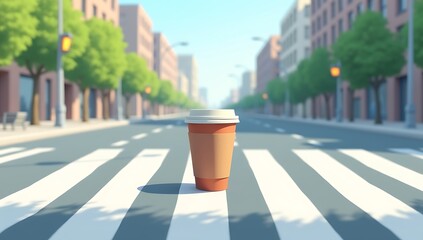 Conceptual illustration of a single takeaway coffee cup placed at the center of a zebra crossing in a modern city street, symbolizing daily commute rituals and urban habits, bright daylight, minimal s