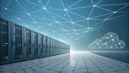 Modern Server Room and Abstract Network Cloud Computing Data Visualization Background