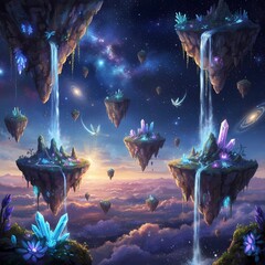 Surreal dreamlike landscape with floating islands, glowing bioluminescent plants, and cosmic nebulae, digital art style
