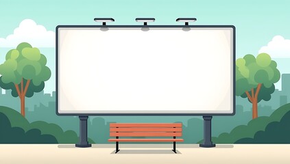 Obraz premium Conceptual urban illustration of an empty park bench directly facing a large blank billboard, symbolizing urban influence, attention, and city messaging, clean modern style, daylight, minimal 