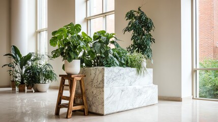 Fototapeta premium Lush tropical foliage thrives within a modern interior, creating a serene and inviting atmosphere with a marble planter and wooden stool.
