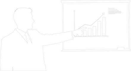 Businessman presenting financial growth chart on projection screen minimalist continuous line vector outline illustration