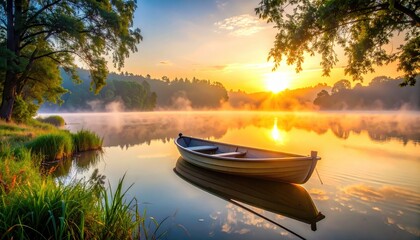 Serene sunrise over misty lake, boat, trees, and golden light
