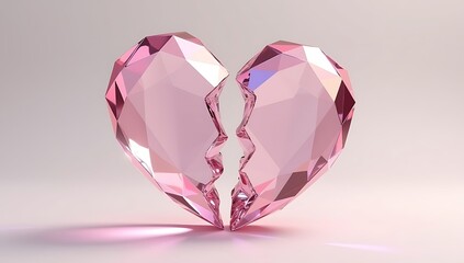 High-detail 3D illustration of a glossy crystal heart shattered into two clean halves, gemstone material, premium reflective surface, isolated on neutral background, symbolic object, no text, no 