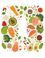 Vibrant Keto Diet Food Frame with Salmon, Avocado, Nuts, and Greens on White