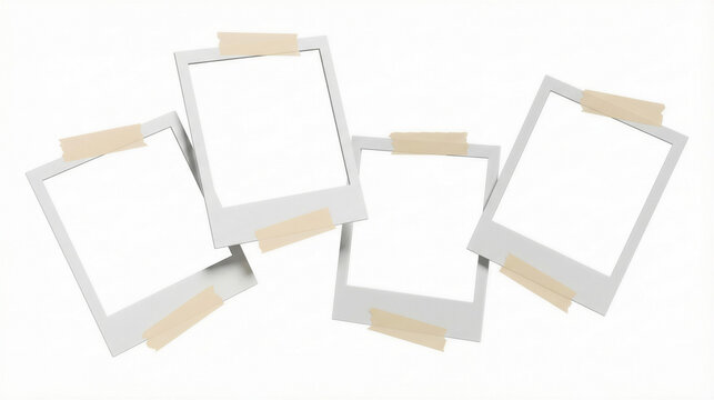 four empty instant photo prints taped to a white surface, ideal for mockups.
