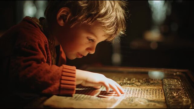 Young boy playing with a glowing digital puzzle on a wooden board in a dark room with warm tones.