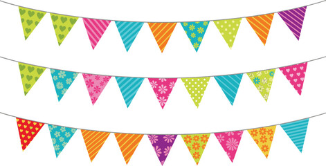 Colorful party bunting vector set with three rows of decorative triangle flags featuring floral heart and stripe patterns isolated on white background