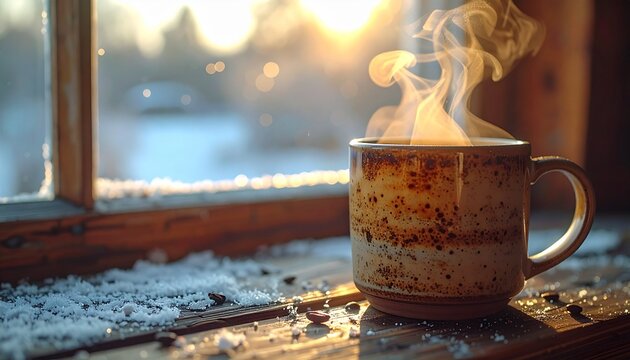 Hot Steaming Coffee Mug on Snowy Winter Window Sill Warm Drink - Powered by Adobe