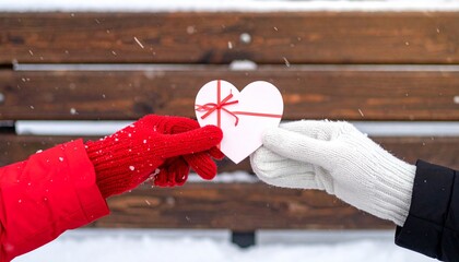 Winter love gesture couple exchanging heart gift box outdoors