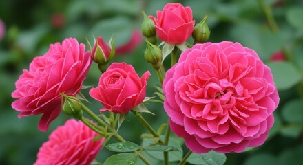 Fototapeta premium Diagonal Cluster of Pink Roses on Green Stem. Pink Roses in Full Bloom with Velvety Petals. Close-up of Vibrant Pink Roses on Blurred Foliage.