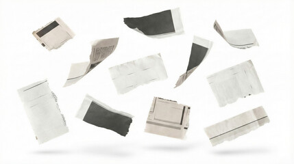 scattered torn newspaper fragments with bold headlines and text, floating against a white background, representing news, information, or abstract collage elements.