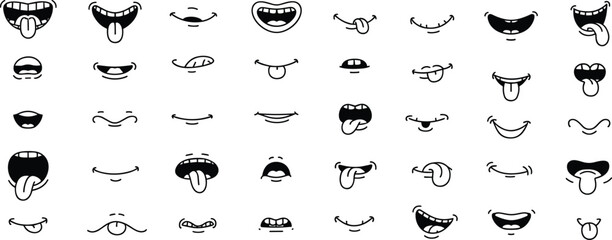 Cartoon mouth expression icon set, funny lips smiles tongues collection, black outline vector illustration for emoji, comic, sticker, character design © Ponkaj Creatives