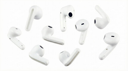 collection of futuristic white wireless earbuds and earphones, captured from multiple angles against a clean white background, showcasing their sleek design and modern technology.