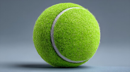 A highly detailed close up of an isolated tennis ball with realistic texture and vibrant green color on a smooth gray background