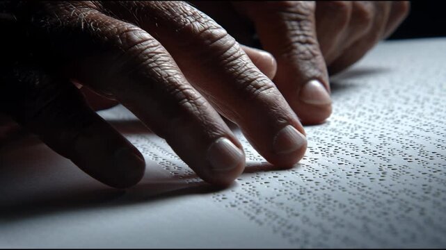 Close-up of a person's hand reading Braille in a dimly lit room with a focused beam of light.