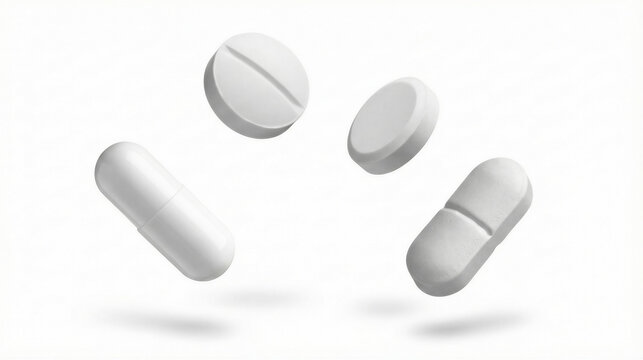 assortment of three white pharmaceutical pills and one capsule, floating mid-air against a seamless white background, symbolizing health and medication.