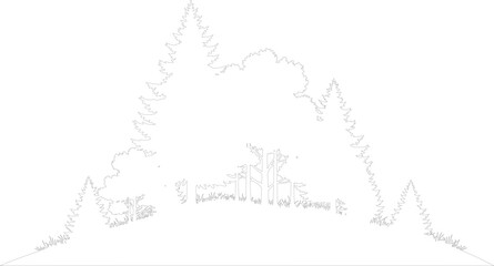Simple outline vector drawing of a forest landscape featuring pine and deciduous trees and grassy ground, nature contour illustration © Kafi