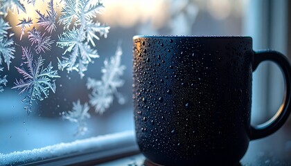 Dark Mug with Condensation Beside Frosty Window Snowflakes Winter Morning