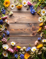 Vibrant Wildflowers Frame Rustic Wooden Background