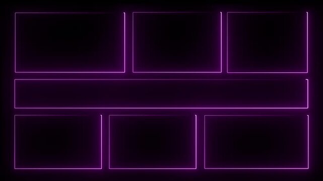 Square neon rectangle picture frame icon animation glowing neon light violet color display neon box rotation footage shape round seamless border retro movement on black background. 4k animation.