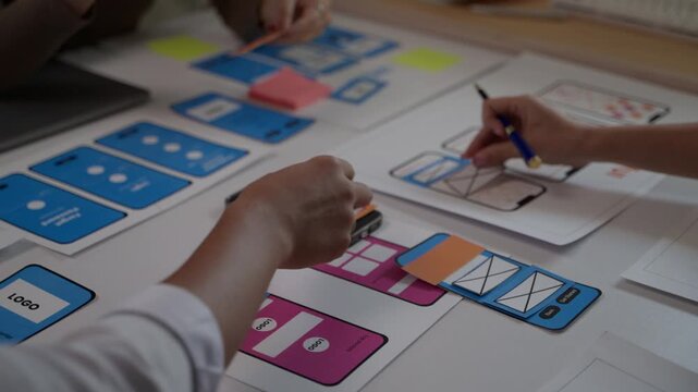 Team of user experience developers planning a smartphone application interface, wireframing and creating a prototype during a meeting