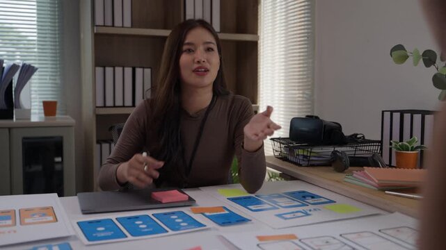 Young asian female web developers brainstorming and planning a new user interface for a mobile app, collaborating on a creative project