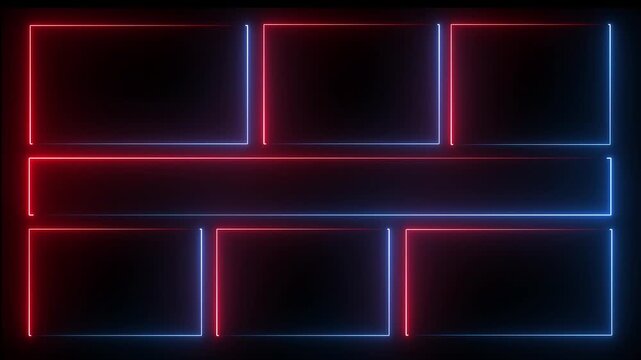 Square neon rectangle picture frame icon animation glowing neon light blue and red color display neon box rotation footage shape round seamless border retro movement on black background. 4k animation.