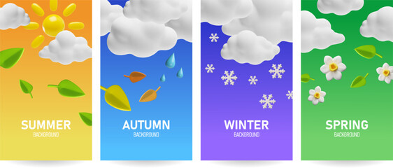 Weather forecast widget with various seasons 3D design, winter, summer, spring and autumn, sunny rainy, snow meteorology