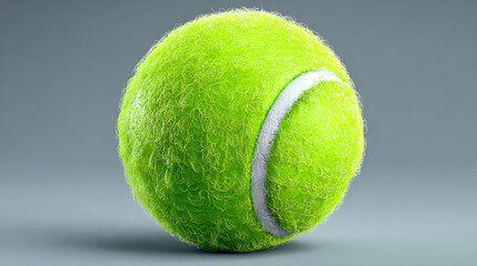 A bright green tennis ball with white stripes isolated on a gray background, perfect for sports and leisure concepts