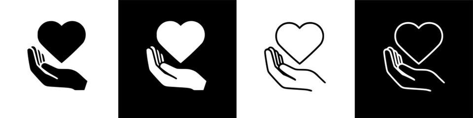Minimalist graphic icons featuring hands presenting hearts, symbolizing love, care, and generosity.