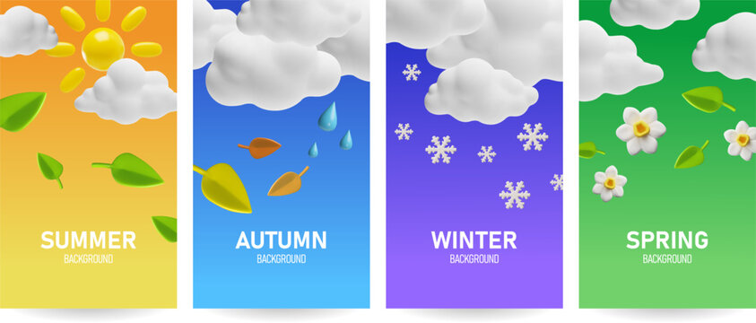 Weather forecast widget with various seasons 3D design, winter, summer, spring and autumn, sunny rainy, snow meteorology