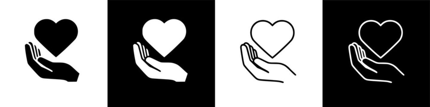 Minimalist graphic icons featuring hands presenting hearts, symbolizing love, care, and generosity.