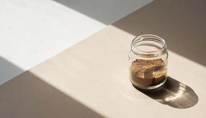 日差しが差し込むバイカラー背景とガラス瓶