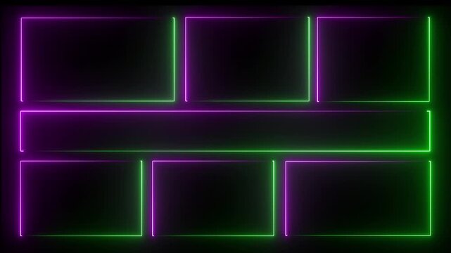 Square neon rectangle picture frame icon animation glowing neon light violet and green color display neon box rotation footage shape round seamless border retro movement on black background. 4k 