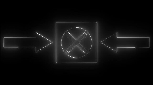 Cross with two arrows icon animation glowing neon white color wrong no cancel circle rectangle round rotation information direction signal sign symbol on black background. 4k animation video.