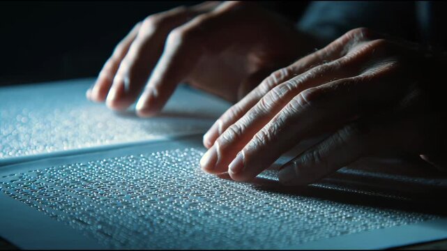 Close-up of hands reading a document with focused lighting on the page.